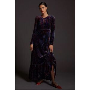 NEW Anthropologie Burnout Velvet Abstract Paisley Flounced Maxi Dress Size 2
